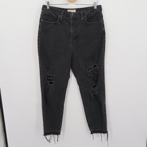 Madewell Mom Jean 31 Black Wash Denim Jeans Distressed Shredded Raw Hem Pants - Picture 12 of 13